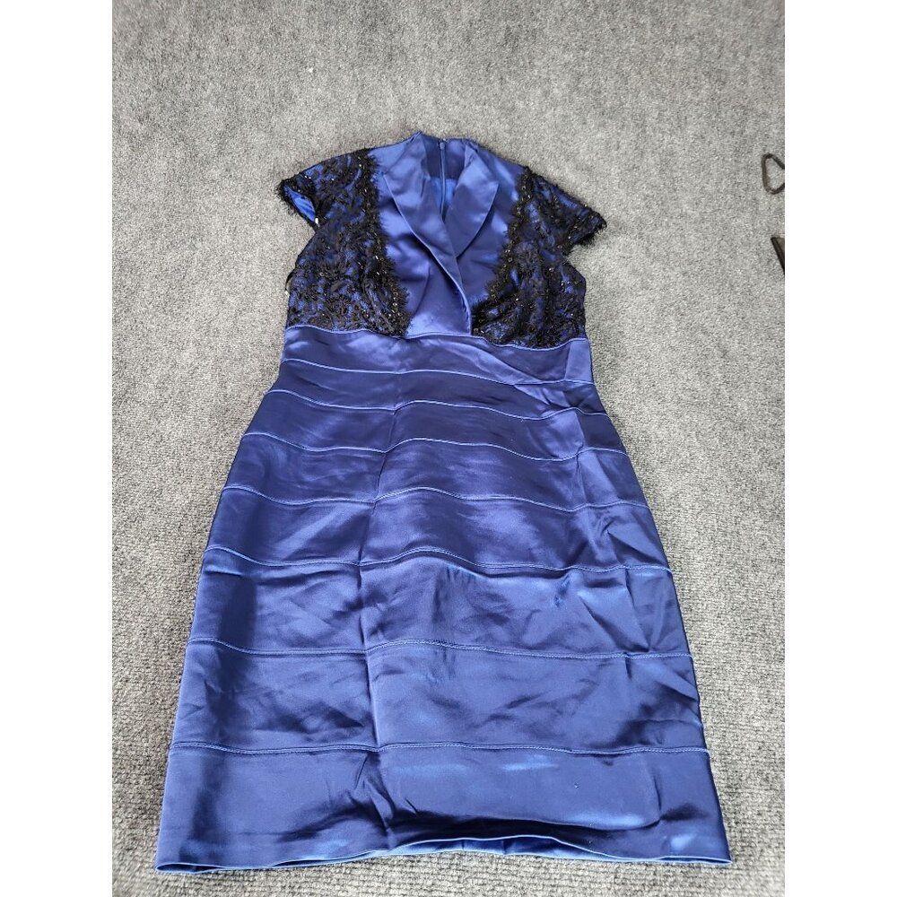Vintage Tadashi Shoji Lace Shift Dress Women‎ Sz 12 Blue Black Satin Knee Formal